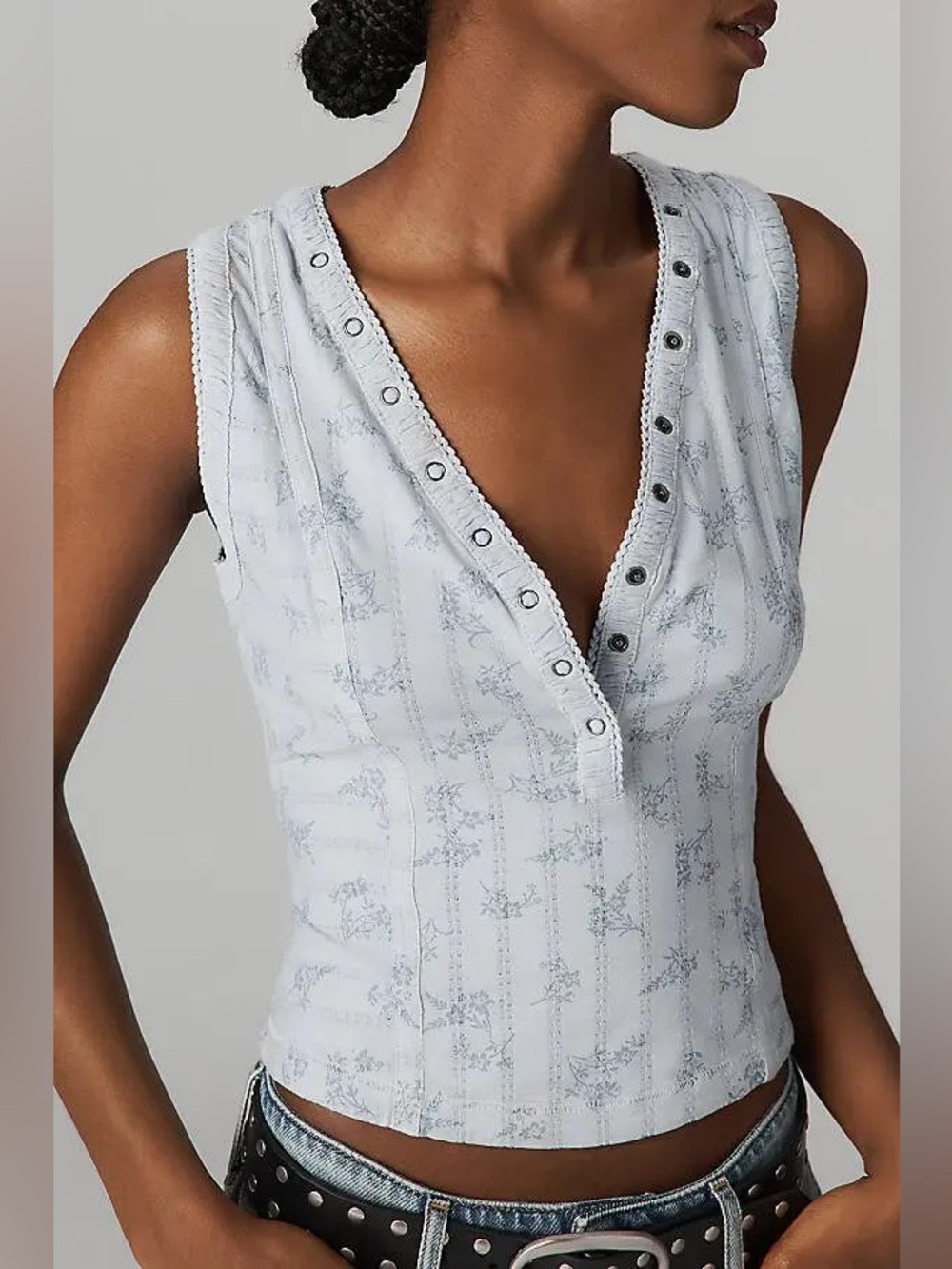 Anthropologie Pilcro Celestial Blue Floral Pointelle Tank Top Women’s Size XL